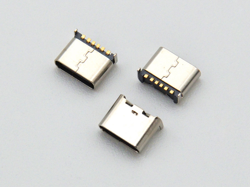 Type-C 16-pin female socket, board-mounted with two-legged insert, 5.65mm spacing, 6.8mm length, 1.63mm pitch, and featuring a center clip